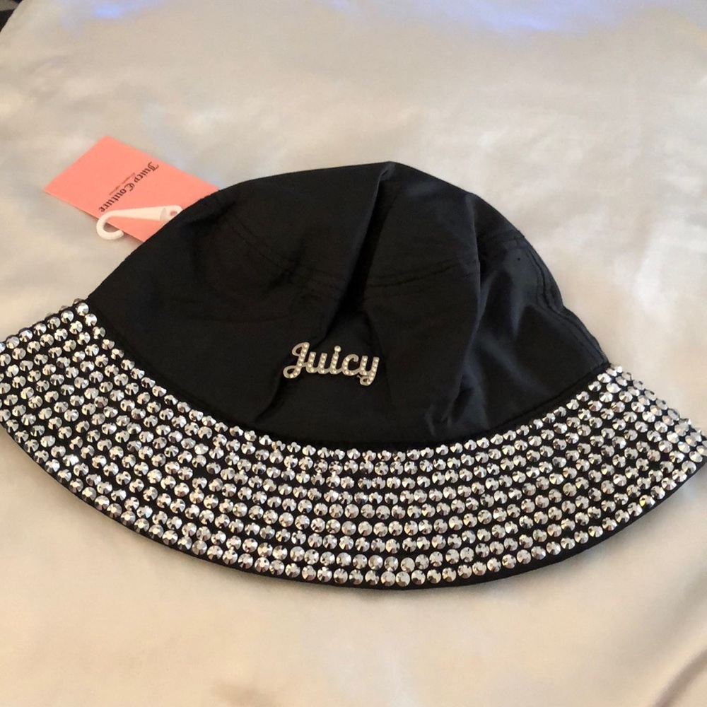Juicy Couture Black Nylon Bucket Hat Rhinestone Accents & Juicy Charm OS NWT